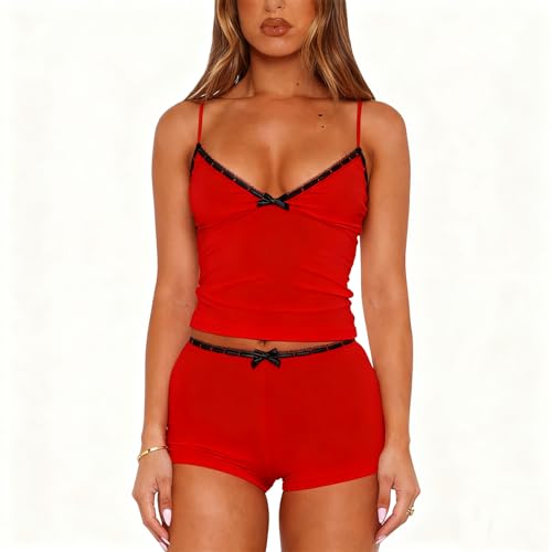 Image of Yuemengxuan Women Two Piece Outfits Y2k Boy Shorts Set Sleeveless Crop Top Button Down Shorts Set Loungewear Pajamas Set