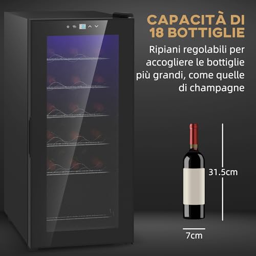 HOMCOM Cantinetta Vino Refrigerata per 18 Bottiglie, Cantina Frigo Vino Anti-UV a Zona Singola con Temperatura Controllata 5-18°, Display Touch, Luci LED, Ripiani Regolabili, Porta Vetro, 34.5x45x78cm - immagine 4
