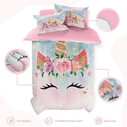 Image of SANDJEST Unicorns Bedding Set for Girls Kids Teen Tween, Ultra Soft Microfiber Comforter Set Twin Size with 3-Pieces, Comforters Bed Sets Bedroom Decor