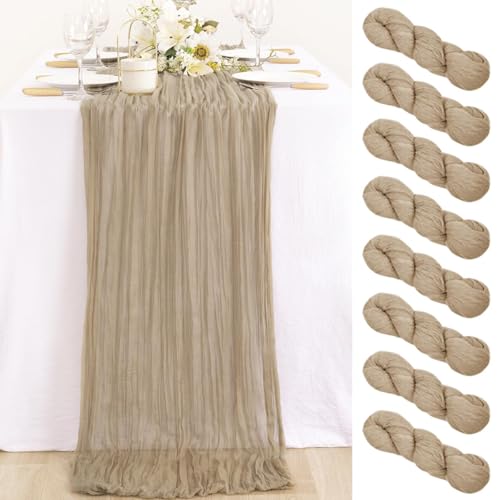 Image of MLMC 8 Pack Nude Cheesecloth Table Runner Boho Rustic Gauze Taupe Cheese Cloth Table Runner 10ft Neutral Home Decor 35x120 Inches for Reception Wedding Bridal Shower Picnic Decor