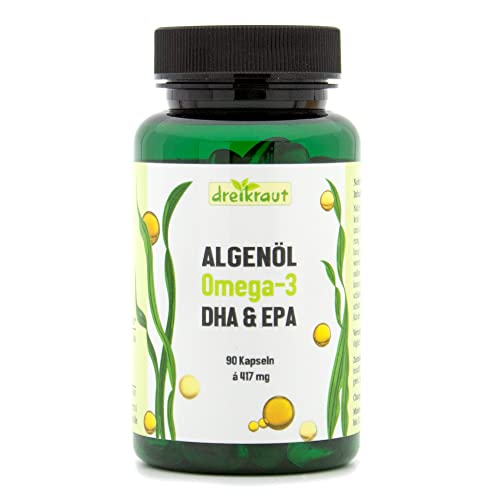 Algenöl Omega-3, dreikraut DHA & EPA, 90 vegane Kapseln, Monatspackung, 1251mg pro Tag, Deutsche Herstellung Cover