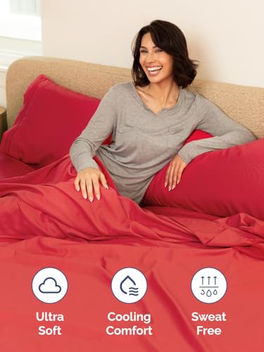 Image of Extra Deep Full Fitted Sheet - Single Fitted Sheet Only - Red | Easily Fits 18 inch to 24 inch Mattress, Soft, Wrinkle Free, Breathable & Comfy, Extra Deep Pockets Hotel Luxury Fitted Sheet