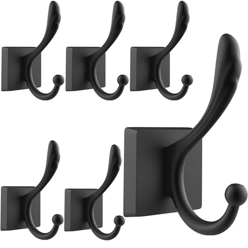 TOFIIGREM 6-Pack Matte Black Coat Hat Hooks, Towel Robe Hook for Wall Hanging Key, Bag, Bathrobe,Mudroom Hallway Decorative Bathroom Towels Double Hanger