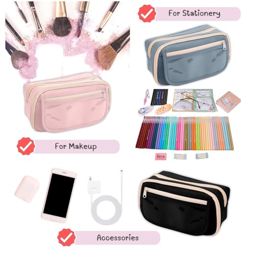 Image of Canvas School Bag Pencil Case, 3 Layer 6 Compartment Large Capacity, Aesthetic Pencil Pouch for Stationary, Cute Stationery for Kids, Pencil Case for Girls & Boys (Green T)
