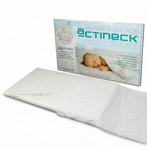 ACTINECK Almohada Bebé Baby 55x30x3cm   Transpirable, Hipoalergénica y Antiescaras   Funda Lavable e Hidrófuga   Fabricada en España para Recién Nacidos