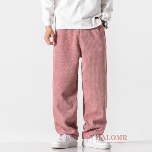 HALOMR Men's Corduroy Pants Expandable Waist Baggy Pants Casual Loose Fit Relaxed-fit Cotton Pink2