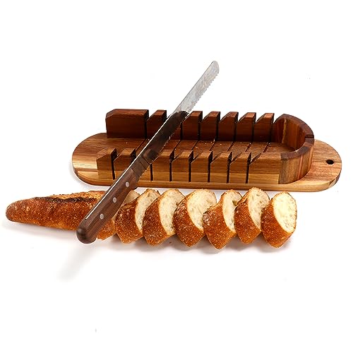 Acacia Wood Baguettes Slotted Cutting Guides Mitered Bread Board,French Bread Baguettes Cutting Board Bread Slicer with Bread Knife Storage Bag