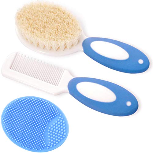 Image of Baby Hair Brush and Comb Set for Newborns & Toddlers | Natural Soft Goat Bristles | Ideal for Cradle Cap | Perfect Baby Registry Gift (Blue)