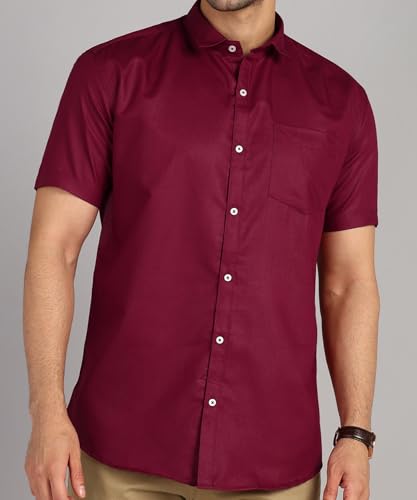 Image of MILDIN Men's Cotton Blend Solid Shirt with Spread Collared Half Sleeve Curved Hemline Button Closure Regular Fit and One Pocket | Half Sleeve Shirt for Men