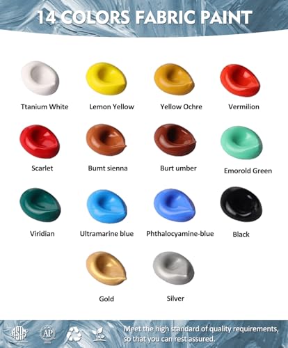 Colorful Fabric Paint Set for Clothes, with 6 Brushes,1 Palette, 14 Colors Permanent Child Safe & Non- Toxic Fabric Paint Kit for T-Shirt, Bags and Cloth Shoes