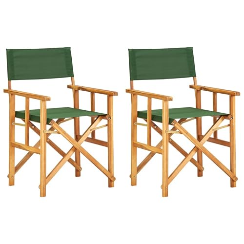 Benjara Folding Director's Chairs Set of 2, X Shape Base, Acacia Wood, Natural Brown and Green