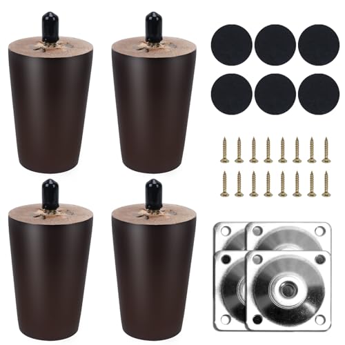 COEWUR 4 Piezas Patas de Madera para Muebles 10cm Nogal Pies para Muebles con Placa de Montaje Tornillos y Protectores de Suelo Patas para Sofas Cama Mesa de Té Mueble TV Sillón Armario