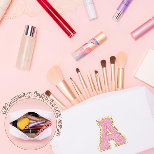 Toptime Preppy Makeup Bag, Initial PU Leather Waterproof Cosmetic Bag with Zipper, Small Portable Travel Make Up Bag for Women, Cute Chenille Letter A Makeup Pouch Ideal Gift for Girls (White)