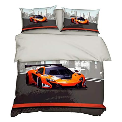 HNHDDZ Duvet Cover and Pillowcase 3D Mechanical Racing Car Yellow Black Gray Red Orange Printing Bedding Set Boy Polyester with Zipper (Racing Car 2,Single 135x200 cm) Cover