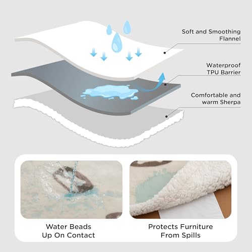 Image of Bedsure Waterproof Blanket for Bed - Soft Print Sherpa Fleece Pet Cat Dog Blankets for Large Dogs Couch Protection, Soft Plush Reversible Furniture Protector, Twin Size, 60 inchx80 inch, Beige