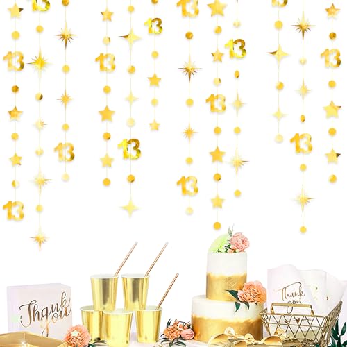 Image of Gold 13th Birthday Decorations Number 13 Circle Dot Twinkle Star Garland Metallic Hanging Streamer Bunting Banner Backdrop Girls Boys 13 Years Old Birthday Thirteen Official Teenager Party Supplies
