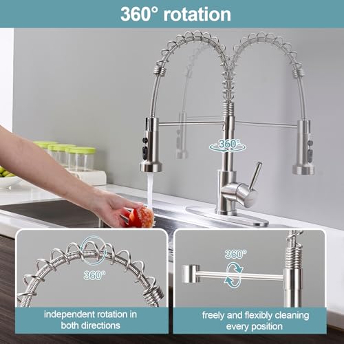 Image of Kitchen Faucets with Pull Down Sprayer, Brushed Nickel Stainless Steel Single Handle Pull Out Spring Sink Faucet, 3 Function Sprayer 1 or 3 Hole Deck Plate for Farmhouse Laundry Rv Bar