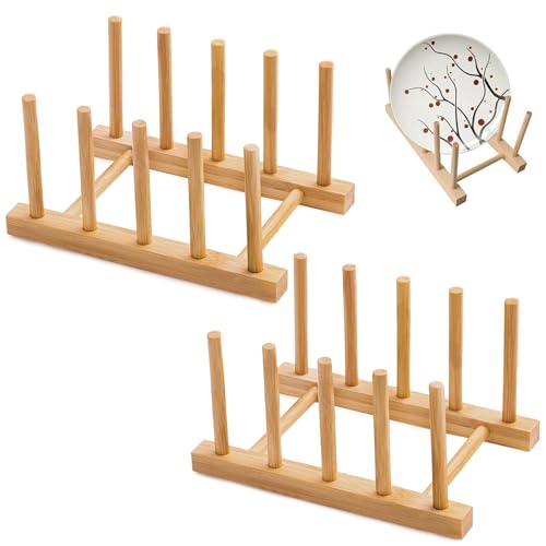 poraceous Soporte para Platos de Madera, Escurreplatos de Madera, Escurridor de Platos, 4 Compartimentos, Soporte para Tapa de Ollas, Stand para Libros, Porta Tapas de Ollas, Organizador de Armario
