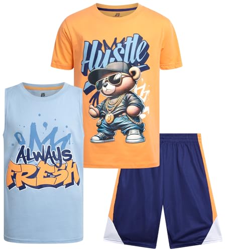 Image of Pro Athlete Boys Active Shorts Set - 3 Piece Athletic Dry Fit Graphic Tees Tank Tops and Basketball Shorts for Boys