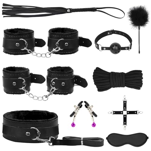 Image of BDSM Bondage Kit Sex Toys 10 Pcs Sex Bondage Set for Beginners Ball Gag Bondage Rope BDSM Kit for Couples (Black, 10pcs)