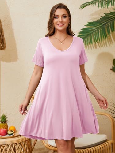 Image of ZENNILO Women's Plus Size Swing Dress with Pockets Casual Summer Dresses V Neck Short Sleeve T Shirt Dress for Women