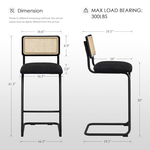 Image of Zesthouse Natural Rattan Counter Stools Set of 2, 30'' Mid Century Modern Counter Height Barstools with Solid Wood Back & Cane Mesh, Upholstered Black Boucle Bar Stools for Kitchen Island, Chrome Base