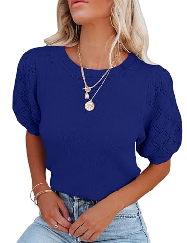 Image of Womens Short Sleeve Sweaters Crewneck Knit Pullover Tops 2025 Summer Casual Lightweight Crochet Blouse Shirt