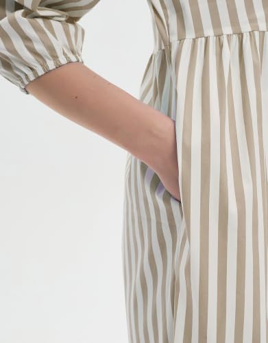 Image of EZAPINE Womens Babydoll Striped Shirt Midi Dress Puff Long Sleeve Collared Button Tunic Flowy Swing Dresses