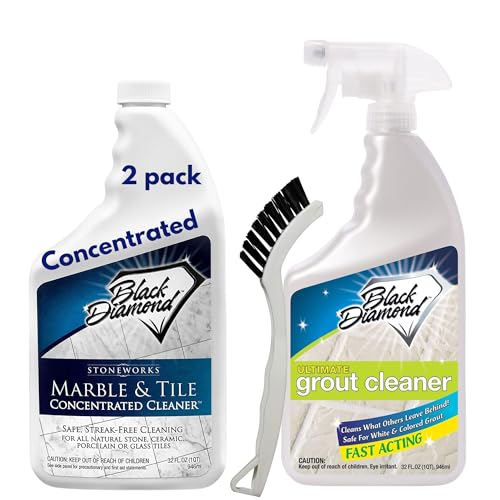 Black Diamond Stoneworks Ultimate Grout Cleaner with Brush + Marble & Tile Cleaner (2-Pack) – Safe for Natural Stone, Acid Free Deep Cleans Grout, Restores Shine to Marble, Granite, Travertine & Tile