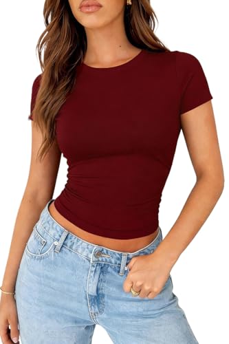ForeFair Summer Going Out Top Women Casual Short Sleeve T Shirt Crew Neck Basic Tee (Burgundy S)