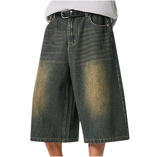 Cambkatl Wide Leg Capris for Men Denim Pants - Vintage Washed Casual Summer Loose 3/4 Lenght Baggy Jeans with Pockets