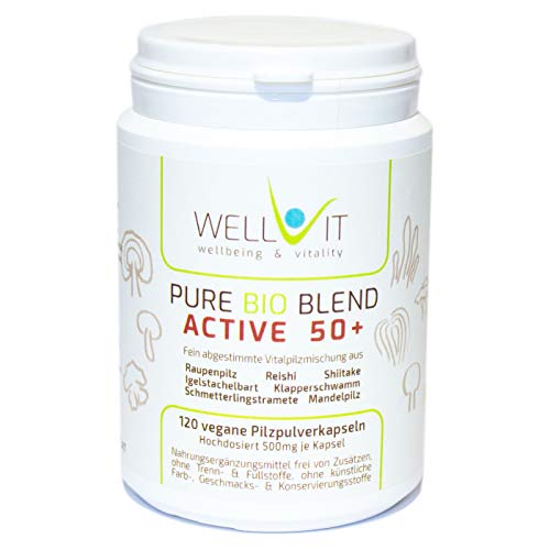 Miscela vitale di fungo Active 50+ 120 capsule per 500mg Cordyceps, Hericium erinaceus, Ganoderma lucidum, Agaricus blazei, Grifola frondosa, Lentinua edodes