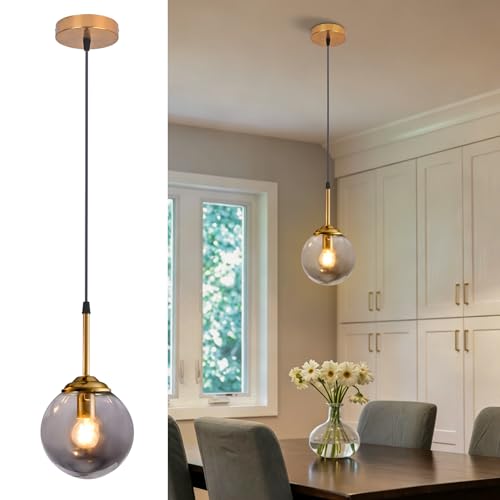 Kikioo Lustre moderne en métal de luxe nordique créatif transparent/fumé gris/ambre boule de verre lampe suspendue cluster e14 îlot de cuisine salon salle à manger chevet simple lampe suspendue
