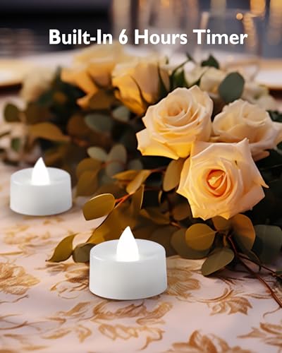 Image of Homemory Tea Lights with Timer Battery Operated, 6H Timer Auto On Daily, Flickering Flameless LED Votive Candles for Table Centerpieces, Lantern, Halloween, Christmas, Cool White, No Remote, 24-Pack