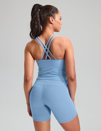 Image of HeyNuts Zeal Bras Longline Ribbed Medium Support Sports Bras, Crisscross Back Tank Tops with Removable Pads A-D Cups
