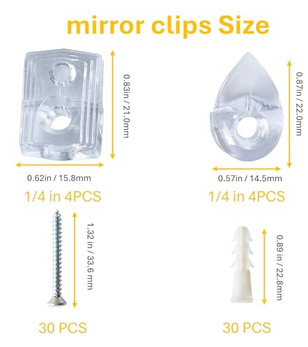 Image of 24 Sets Mirror Mounting Clips Kit for 1 /4 inch Mirror & Glass - Teardrop, Rosette, Square and Offset Holders with Anchors and Screws for Wall and Picture Frames