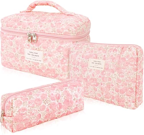 Image of Lyrovo Makeup Organizer Cosmetic Bag Quilted Large Floral Make Up Organize Set for Women Flower Travel Toiletry Bag (Flower-Pink)