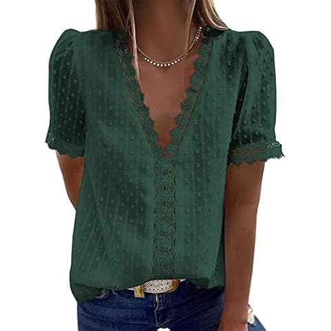 ABYOVRT Women Chiffon Blouse Puff Elegant Short Sleeve V Neck T-Shirt Solid Color Tops Vintage Casual Wear for Summer (B-Green,L) Cover