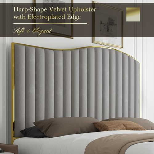 HOWE King Size Harp Platform Bed Frame, Velvet Upholstered Bed with 61.4\" Vertical Channel Gold Trim Headboard & Footboard/Wooden Slats/No Box Spring Needed/Light Grey