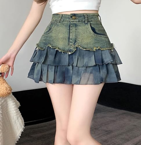 Women’S Patchwork A-Line Mini Denim Skirts Vintage High Waist Casual Ruffle Jean Skirt3