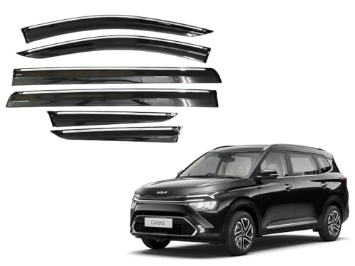 Image of CAR SAAZ Unbreakable Chrome Line Door Visor for CARENS (Set of 6Pcs) | Rain Guard | Wind Deflector