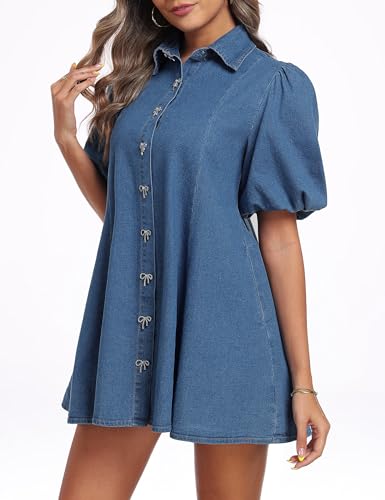 Denim Dress for Women, Puff Short Sleeve Jean Dress Mini Denim Romper with Pockets3
