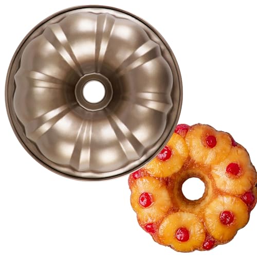 Eiqijci Pineapple Upside-Down Fluted Tube Cake Pan 10.2-Inch Ring Cake Pan Light-Gold Nonstick Carbon Steel with Center Tube & Rolled Rim Easy-Release for Flip-and-Serve Desserts