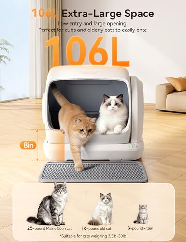 Image of MeoWant Self-Cleaning Cat Litter Box, 106L Extra-Large Space Low Entrance Automatic Cat Litter Box Perfect for Multiple Cats, Safety Sensor, Anti-Pinch, APP Control, Odor Free with Mat & Liner