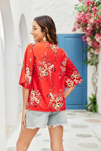Womens Casual Tie Front Tops Floral Dolman Tops 3/4 Sleeve V Neck Loose Fitted Boho Summer Blouse Shirt2