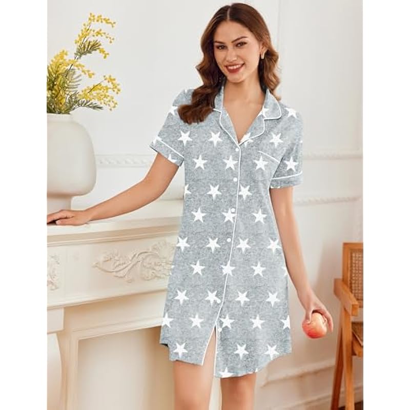 Ekouaer Nightgowns for Women Button Down Sleepshirt Short Sleeve Nightshirt Boyfriend Pajamas V Neck Nightdress S-XXXL 상세이미지 2