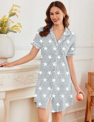 Image of Ekouaer Nightgowns for Women Button Down Sleepshirt Short Sleeve Nightshirt Boyfriend Pajamas V Neck Nightdress S-XXXL