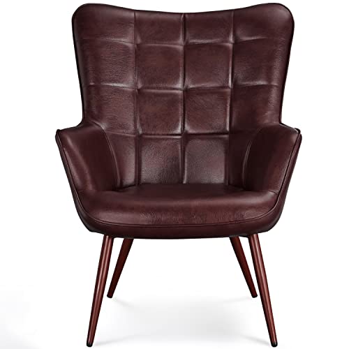 Yaheetech Living Room Chair Contemporary Faux Leather Chair Biscuit Tufted Accent Chair With Tapered Legs And Armrests For Living Room Bedroom, Chestnut Brown #TOP12