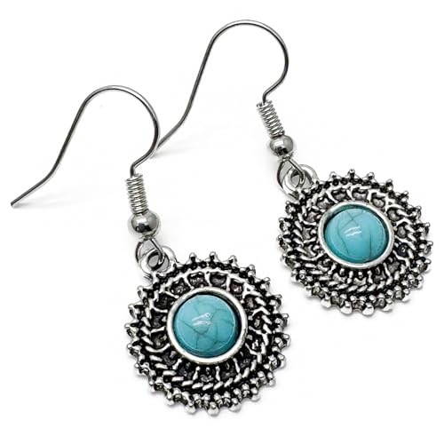 Round Turquoise Earrings, Tibetan Silver Charms with Blue Resin Stone on Nickel Free Hooks : 34mm long, Cute Boho Drop Earrings, Retro Gift for Women
