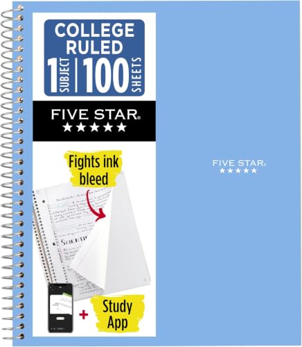 Image of Five Star Spiral Notebook + Study App, 1 Subject, College Ruled Paper, 8-1 /2 inch x 11 inch, 100 Sheets, Fights Ink Bleed, Water Resistant Cover, Pacific Blue (72565) (Pack of 12)